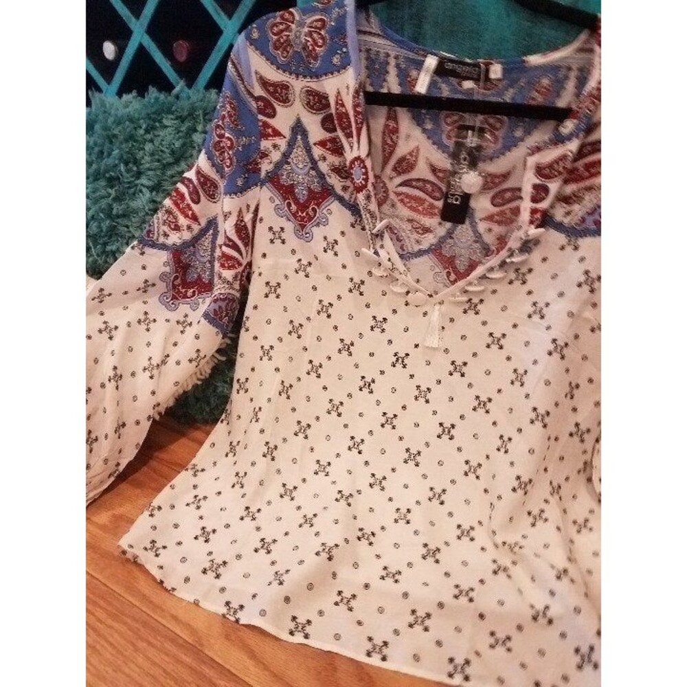 White Boho Henley Paisley Vintage y2k Blouse Top XL